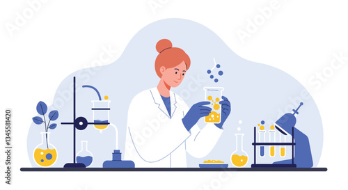 Scientist examining liquid in glass beaker in minimal vector art