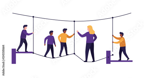 Group of people balancing on a tightrope in flat vector art