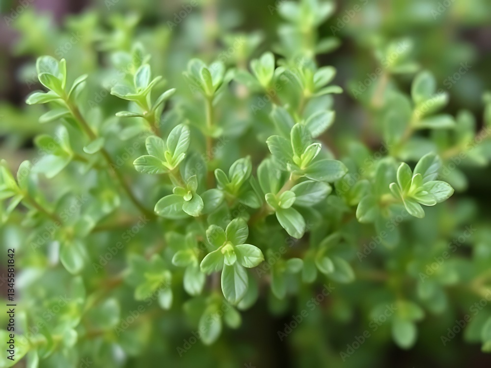 Close-up view of fresh green thyme herb, detailed texture, aromatic plant for cooking, healthy food and ingredient concept. Close-up view of fresh green thyme herb, detailed texture, aromatic plant for cooking, healthy food and ingredient concept.