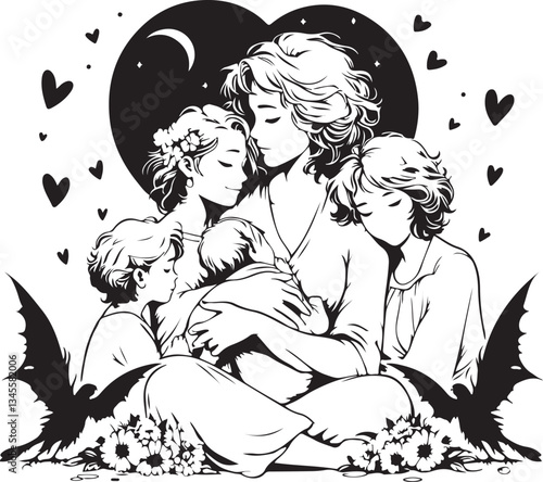 Happy Mother’s Day celebration with a family gathering, children giving gifts, and a joyful mother receiving love and appreciation