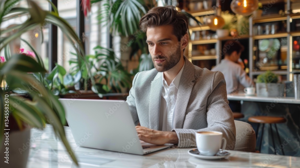 Freelancer working on a laptop in a stylish cafe while enjoying coffee and embracing remote work culture Freelancer working on a laptop in a stylish cafe while enjoying coffee and embracing remote work culture