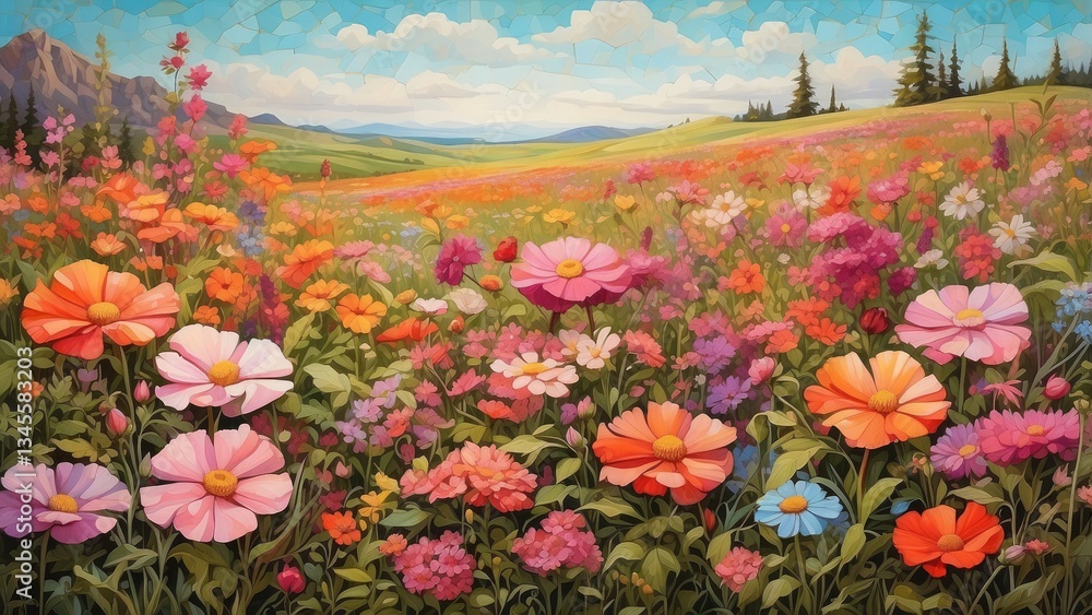 Obraz premium A vast meadow filled with vibrant wildflowers of pink, red, and orange hues.