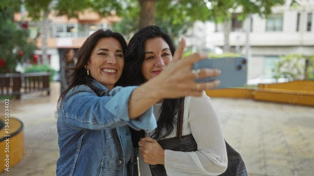 Women smiling taking selfie in urban park capturing outdoor moments with friends showing city life and happiness in middle age strolling street exterior scene together Women smiling taking selfie in urban park capturing outdoor moments with friends showing city life and happiness in middle age strolling street exterior scene together