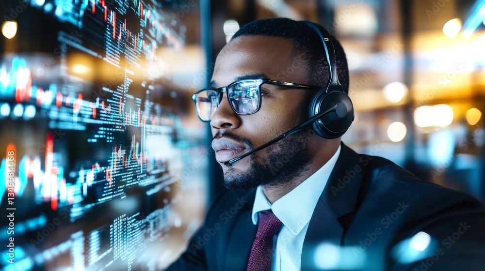 Professional in business attire focused on market analysis with digital data visuals in 4K Professional in business attire focused on market analysis with digital data visuals in 4K