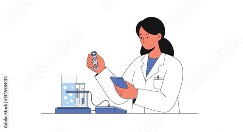 Scientist in lab coat conducting experiments with lab equipment in flat vector art