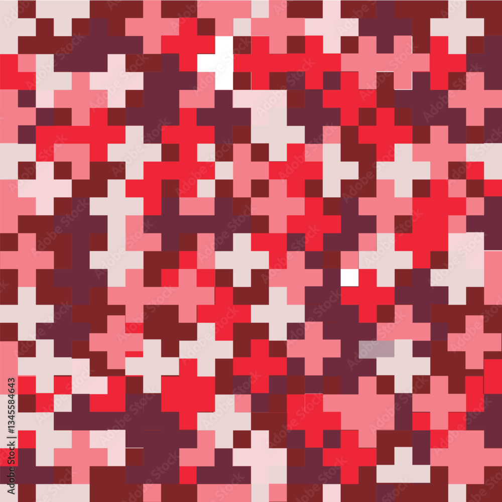 Abstract pixelated camouflage pattern in shades of pink, red, and dark red, creating a textured and layered appearance. Abstract pixelated camouflage pattern in shades of pink, red, and dark red, creating a textured and layered appearance.