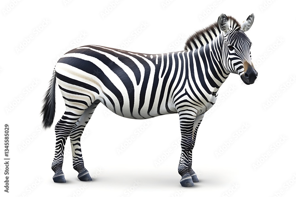 Obraz premium Zebra standing, side profile view, isolated, plain backdrop, for wildlife illustration