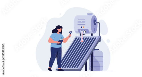Woman working on solar panel installation in flat vector art style