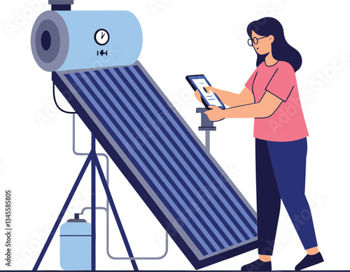 Woman interacting with solar panel technology in flat vector art style