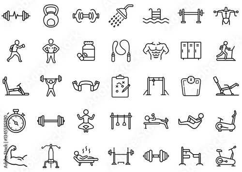 Fitness and Gym Workout Line Icons Set – Weightlifting, Strength Training, Cardio Exercise, Yoga, Gym Equipment, Muscle Building, Personal Training, Health and Wellness, Sports, and Physical Activity 