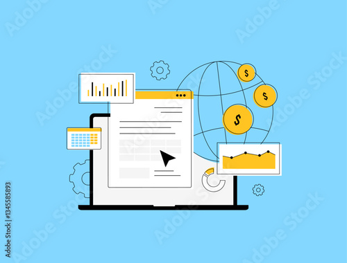 Digital taxation concept with tax document, financial analytics, online payment and government regulations. Modern business digital taxation and e-commerce economy. Vector illustration and icons