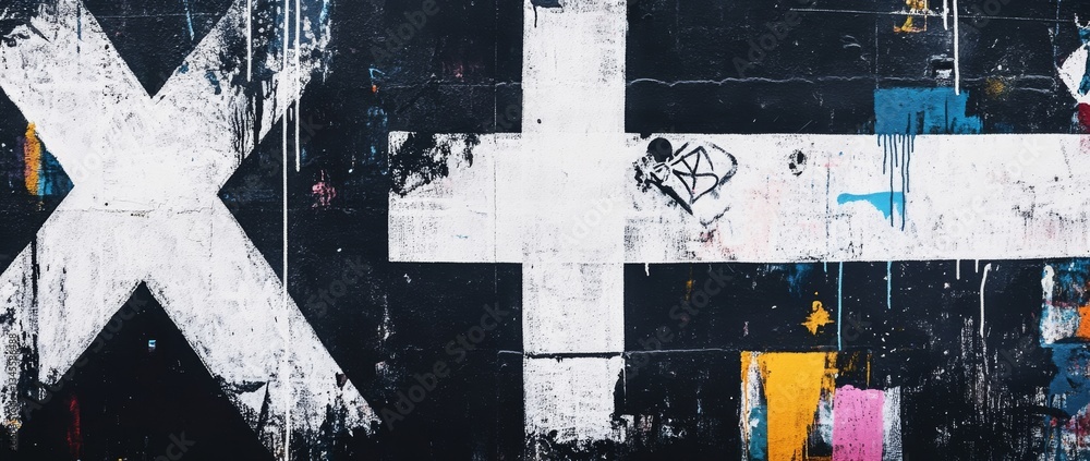 Naklejka premium Urban street art featuring bold white graffiti on a weathered black wall during daylight in an urban environment