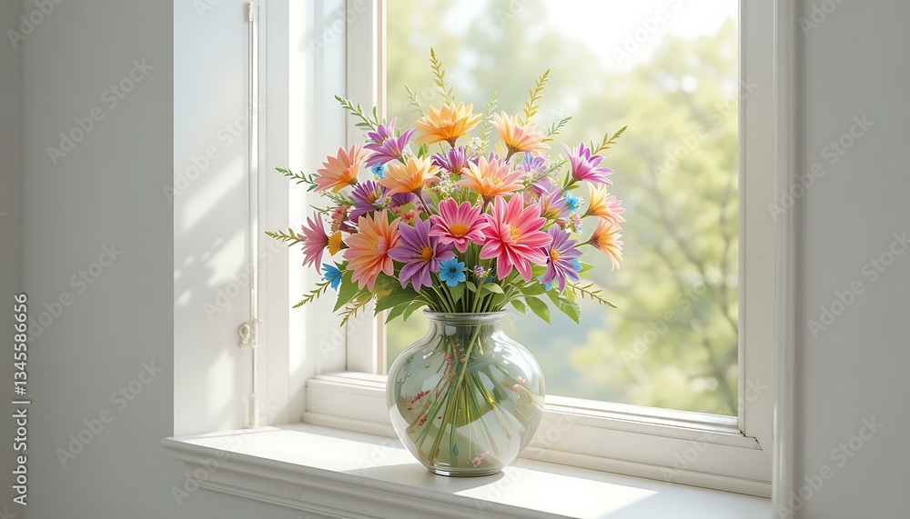 Vibrant Spring Flower Bouquet in Glass Vase on Windowsill Vibrant Spring Flower Bouquet in Glass Vase on Windowsill