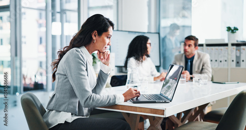 Bild auf Leinwand Meeting, accounting research or businesswoman on laptop with shareholders for planning or capital growth