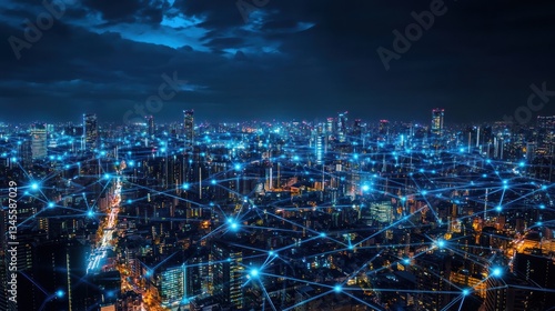 Wallpaper Mural Night city skyline network, aerial view, interconnected lights, futuristic Torontodigital.ca