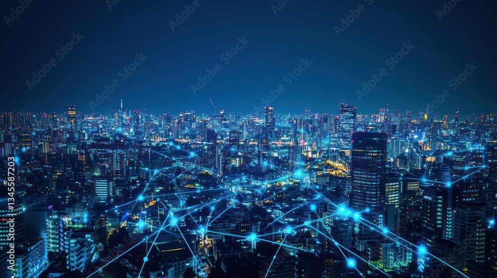 Fototapeta premium Night cityscape with network connections. Aerial view of Tokyo. Possible use Stock photo for technology, innovation, city life