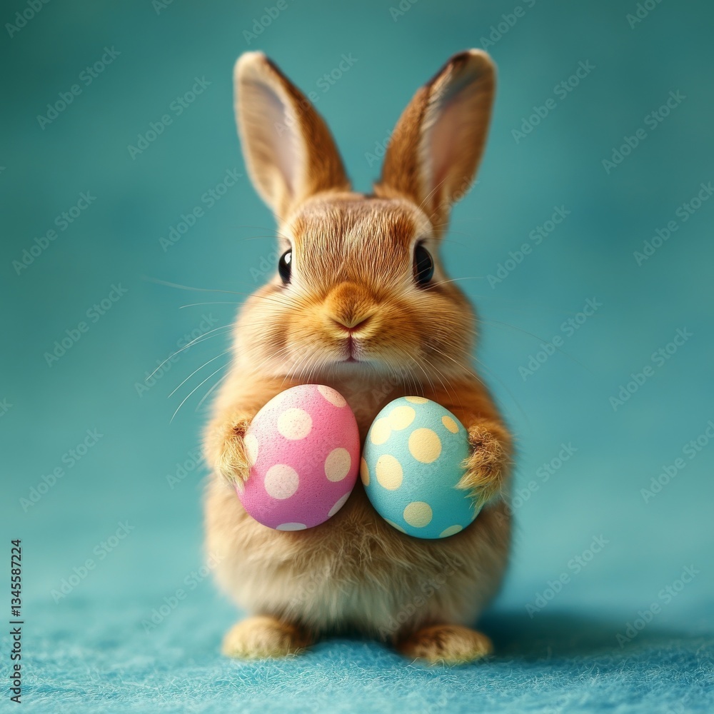 Fototapeta premium Easter Bunny with Polka Dot Eggs: A Heartwarming Celebration of Spring and New Beginnings on a Soft Turquoise Surface.