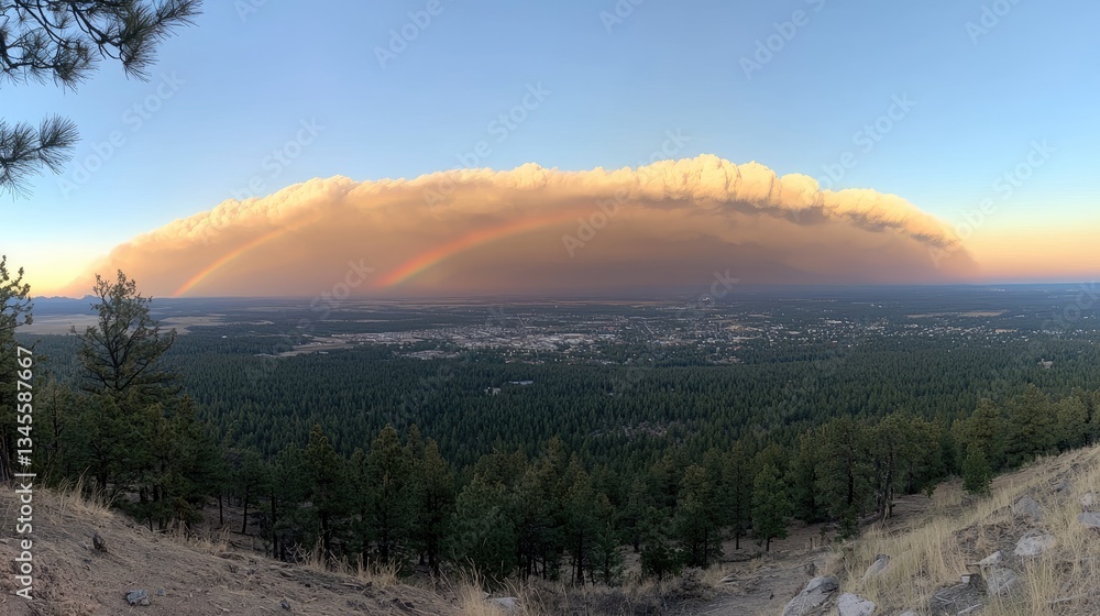 Obraz premium Panoramic view of a massive wildfire smoke plume with a double rainbow over a town nestled in a valley surrounded by pine forests.