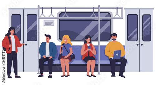 Subway scene with diverse passengers in flat vector art style showing interaction and technology use