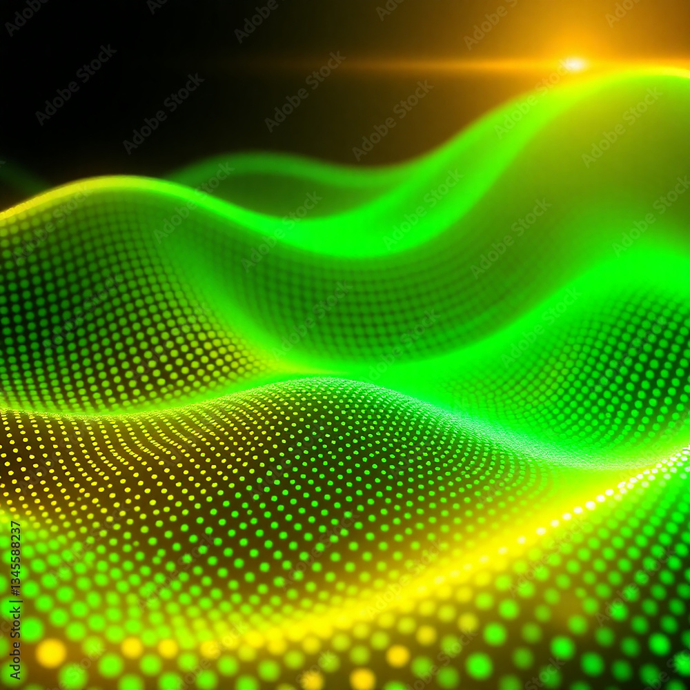 Obraz premium Futuristic Green 3D Wave Dynamic Background with Dots Abstract Tech & Sound Innovation