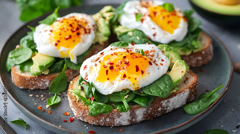 A spinach and avocado toast with poached eggs and chili flakes. A spinach and avocado toast with poached eggs and chili flakes.