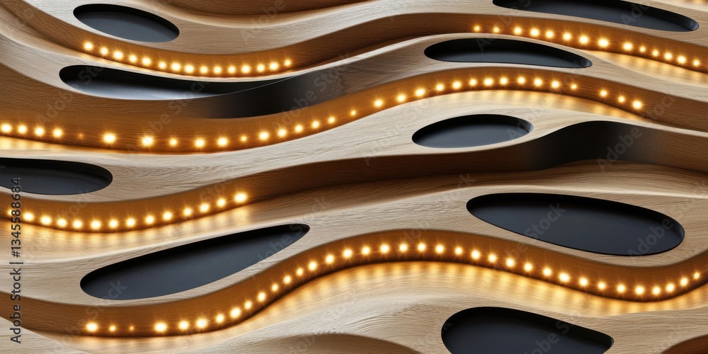 Naklejka premium Abstract wooden surface with illuminated curves and cutouts, creating a modern design aesthetic