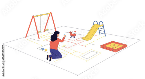 Child playing with dog in a playground, flat design vector illustration