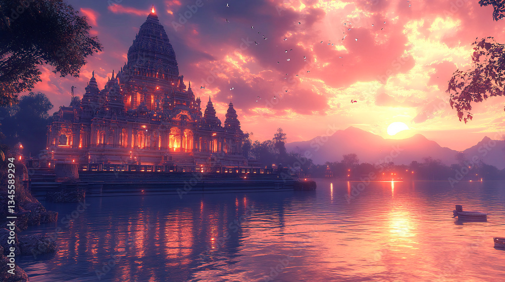 Obraz premium Wallpaper for Puthandu with a majestic temple at dusk 