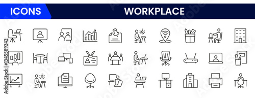 Workplace icon outline set. Containing job, working, employee, project, teamwork, employment, meeting, appointment, and more. Vector line icons collection.