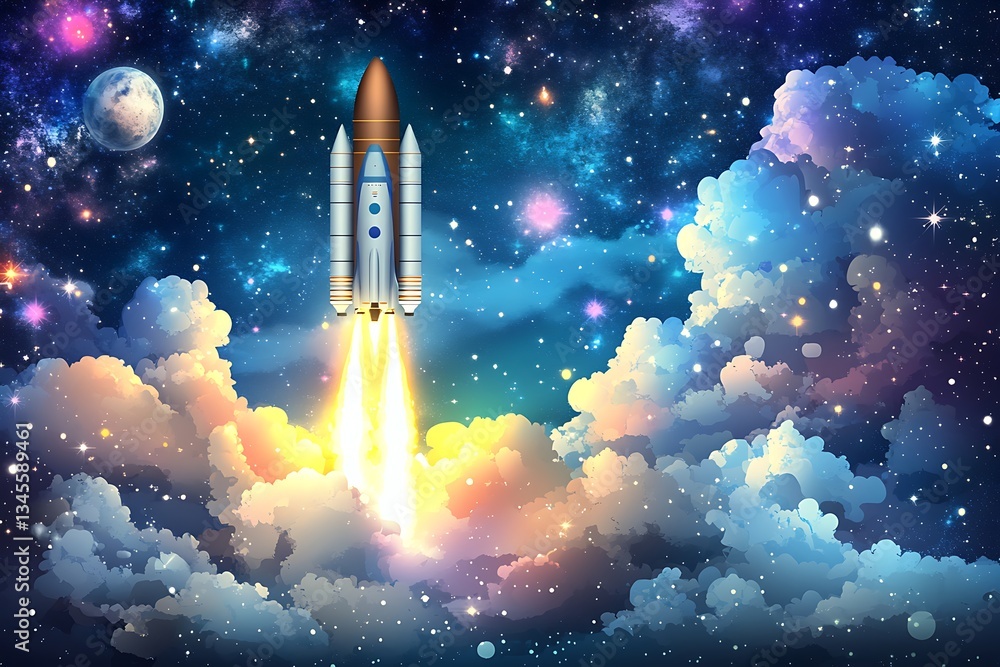 Fototapeta premium Rocket launching through clouds into space, stars, galaxy background for presentation