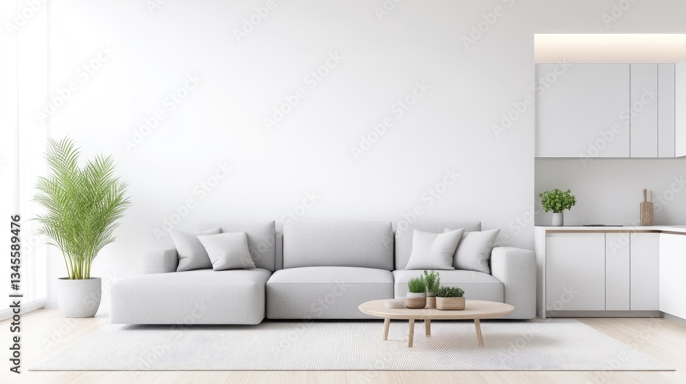 Modern, minimalist living area with a light gray sectional sofa, wooden coffee table, and a small kitchen Modern, minimalist living area with a light gray sectional sofa, wooden coffee table, and a small kitchen