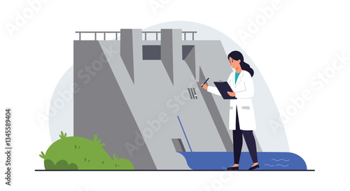 Engineer inspecting a dam in flat digital style vector illustration