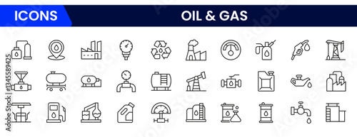Oil and Gas icon set. Containing fuel, refinery, petroleum, oil well, gas pump, offshore platform, lubricant, oil barrels and more.vector icons collection.