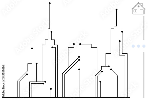 Abstract cityscape composed of buildings outlined as circuit lines, symbolizing urban technology, connectivity, and innovation. Ideal for smart city, IoT, innovation, digitalization, urbanization