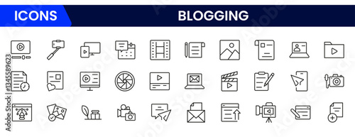 Blogging icon collection. Containing, influencer, content, creation, vlogger, social media, digital marketing, and community icons. Vector illustration.