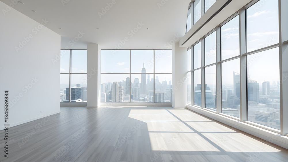 Fototapeta premium empty open plan interior with large windows with megalopolis view with a whitish white tone