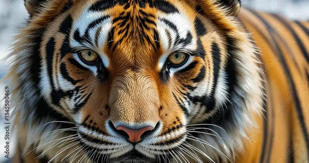 Close-up tiger face, snowy background, wildlife portrait Close-up tiger face, snowy background, wildlife portrait