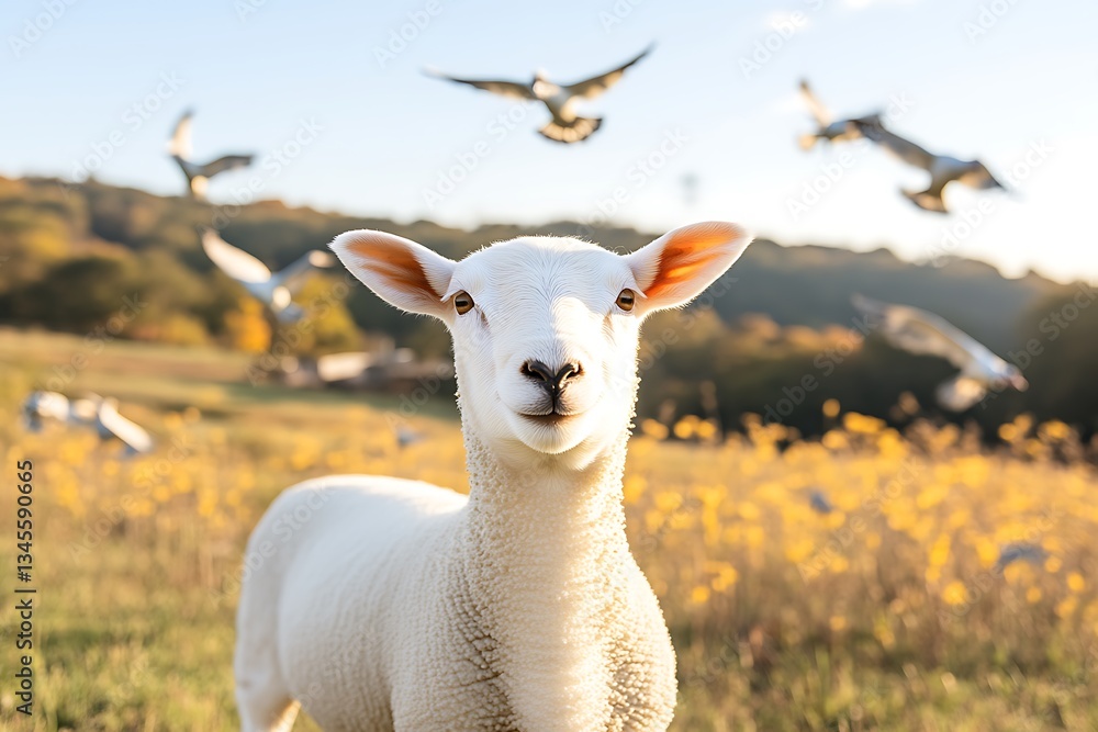 Fototapeta premium Lamb stares for birds fly, autumn field.