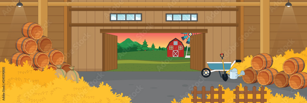Cute and nice design of Barn inside with furniture and interior objects vector design