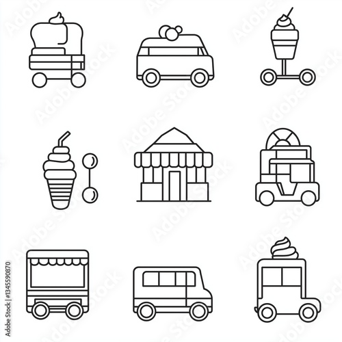 Set of simple line icons, ice cream shop and truck, black on white background, monoline icon style.