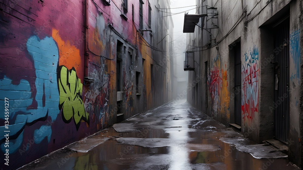 Fototapeta premium A wet, graffiti-covered alleyway disappears into misty distance. walls covered colorful urban art.