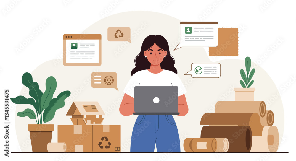 Woman working on laptop surrounded by eco-friendly materials in flat vector art Woman working on laptop surrounded by eco-friendly materials in flat vector art