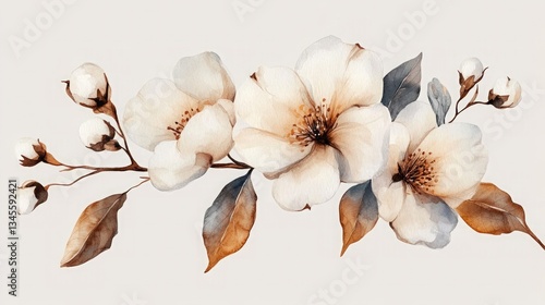 Beautiful Wildflower Arrangement in Gentle Pastel Shades in a Bohemian Floral Bouquet with Watercolor Cotton Leaves