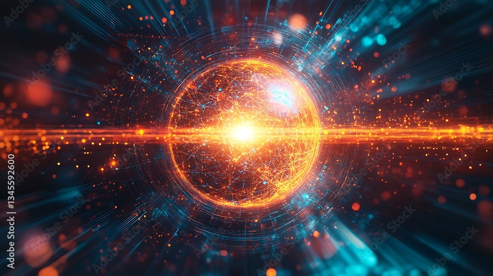 Fototapeta premium A glowing quantum nexus, central hub emitting radiant energy streams in neon colors, interconnected pathways with intricate circuits, surrounded by holographic particles and vibrant lighting effects,