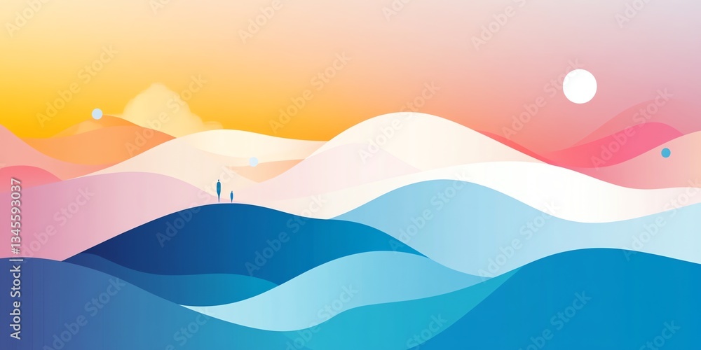 Abstract Landscape Painting with Figures and Wavy Hills at Sunset Abstract Landscape Painting with Figures and Wavy Hills at Sunset