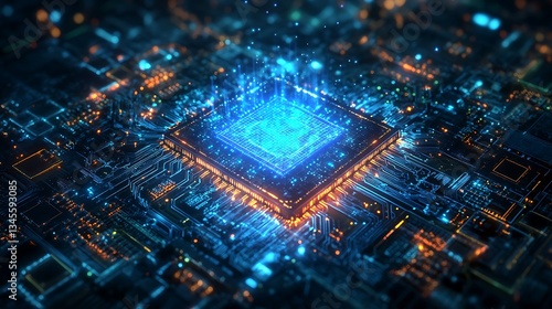 A glowing quantum processor suspended in a vast dark void, surrounded by intricate circuits emitting radiant neon blue and green light, shimmering energy particles floating in the emptiness,