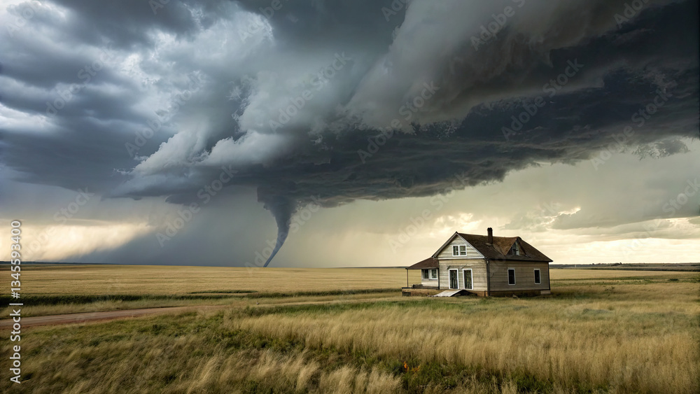 A lonely house stands in an open plain as a tornado looms, symbolizing human fragility and the raw, unpredictable power of nature. A lonely house stands in an open plain as a tornado looms, symbolizing human fragility and the raw, unpredictable power of nature.