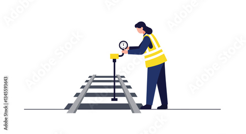 Worker inspecting railway tracks with measuring device in flat vector art