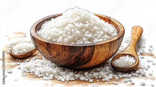 sea salt in wooden bowl with spoon isolated,cartoon illustration style
