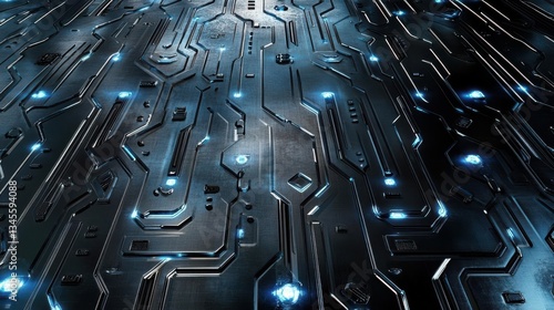 Abstract close-up of a futuristic circuit board with glowing blue lights and intricate patterns